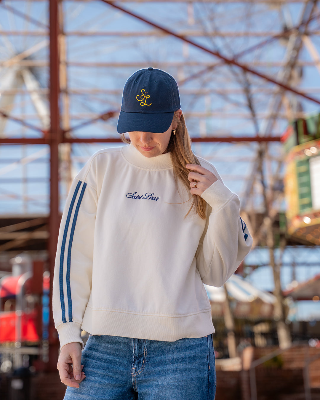 Saint Louis Mock Neck Navy Embroidered Ladies Sweatshirt