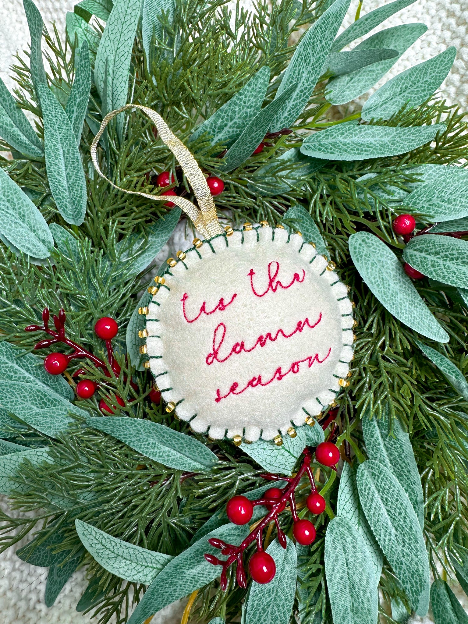 Hand Stitched 'Tis the Damn Season and Merry Swiftmas Ornaments