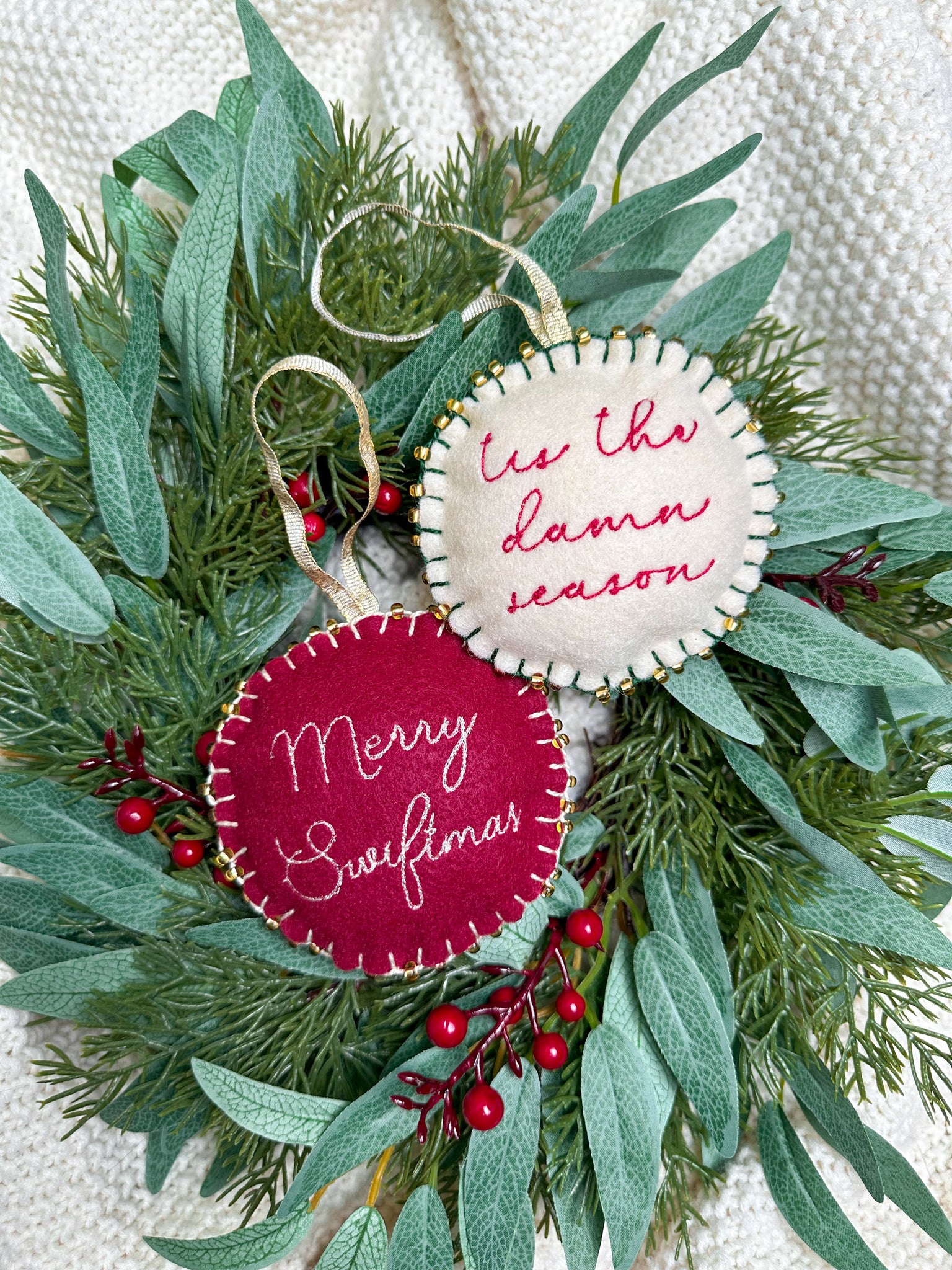 Hand Stitched 'Tis the Damn Season and Merry Swiftmas Ornaments