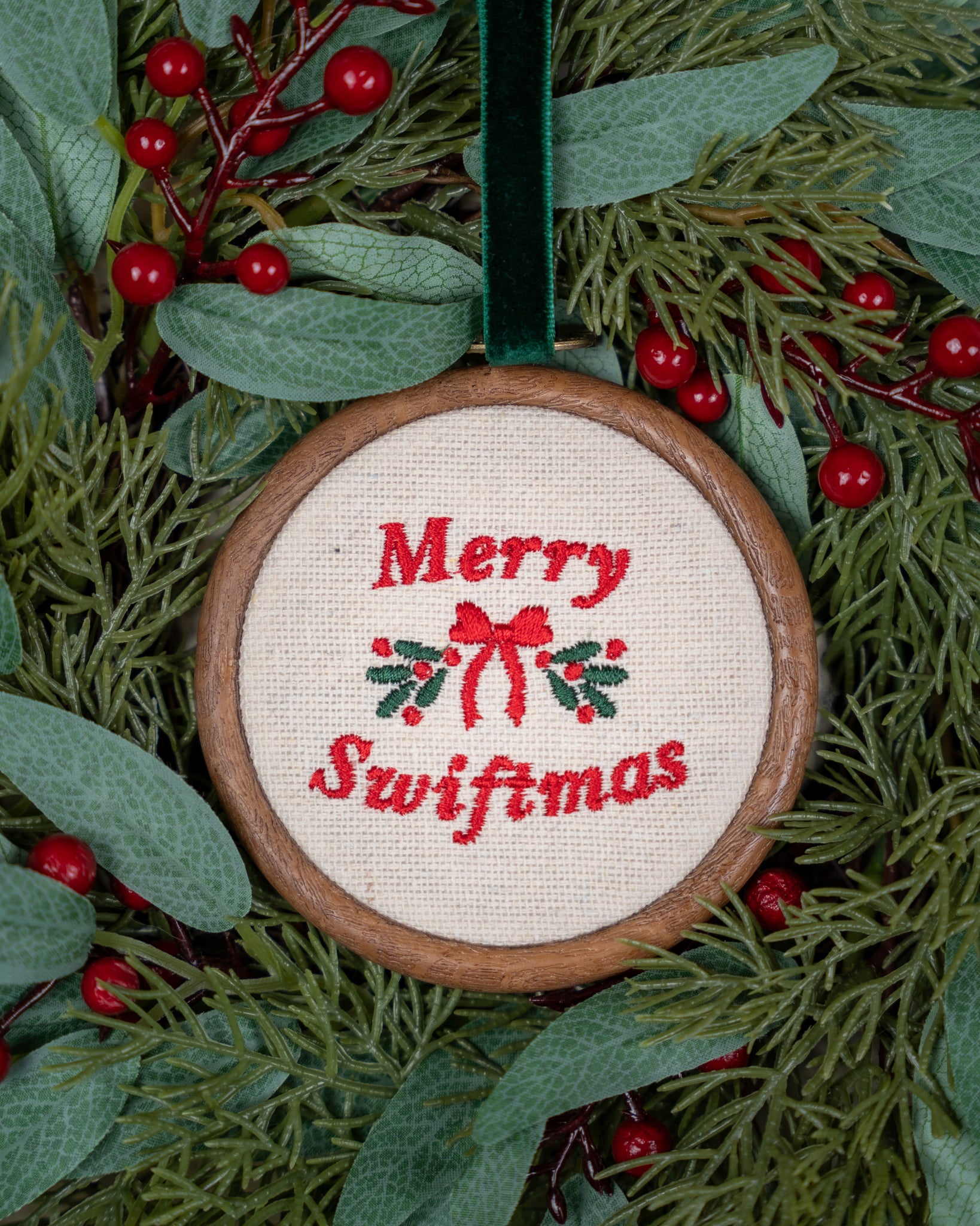 Merry swiftmas embroidered christmas ornament velvet ribbon
