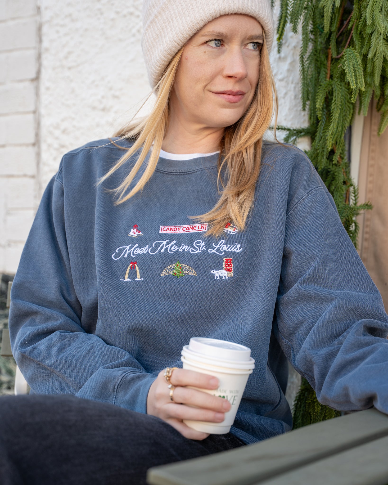 meet me in st louis denim embroidered comfort colors christmas sweatshirt