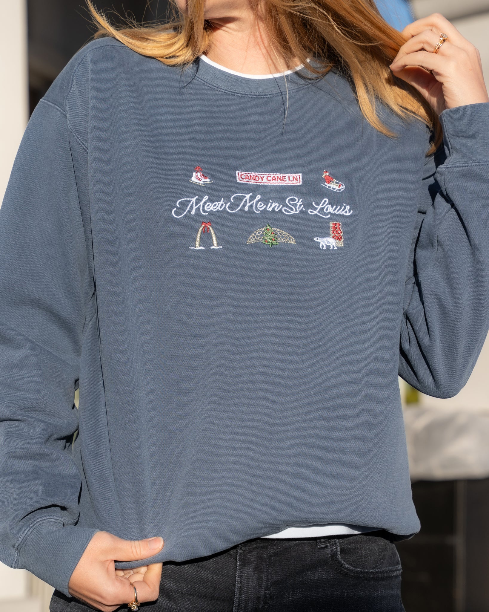 meet me in st louis denim embroidered comfort colors christmas sweatshirt