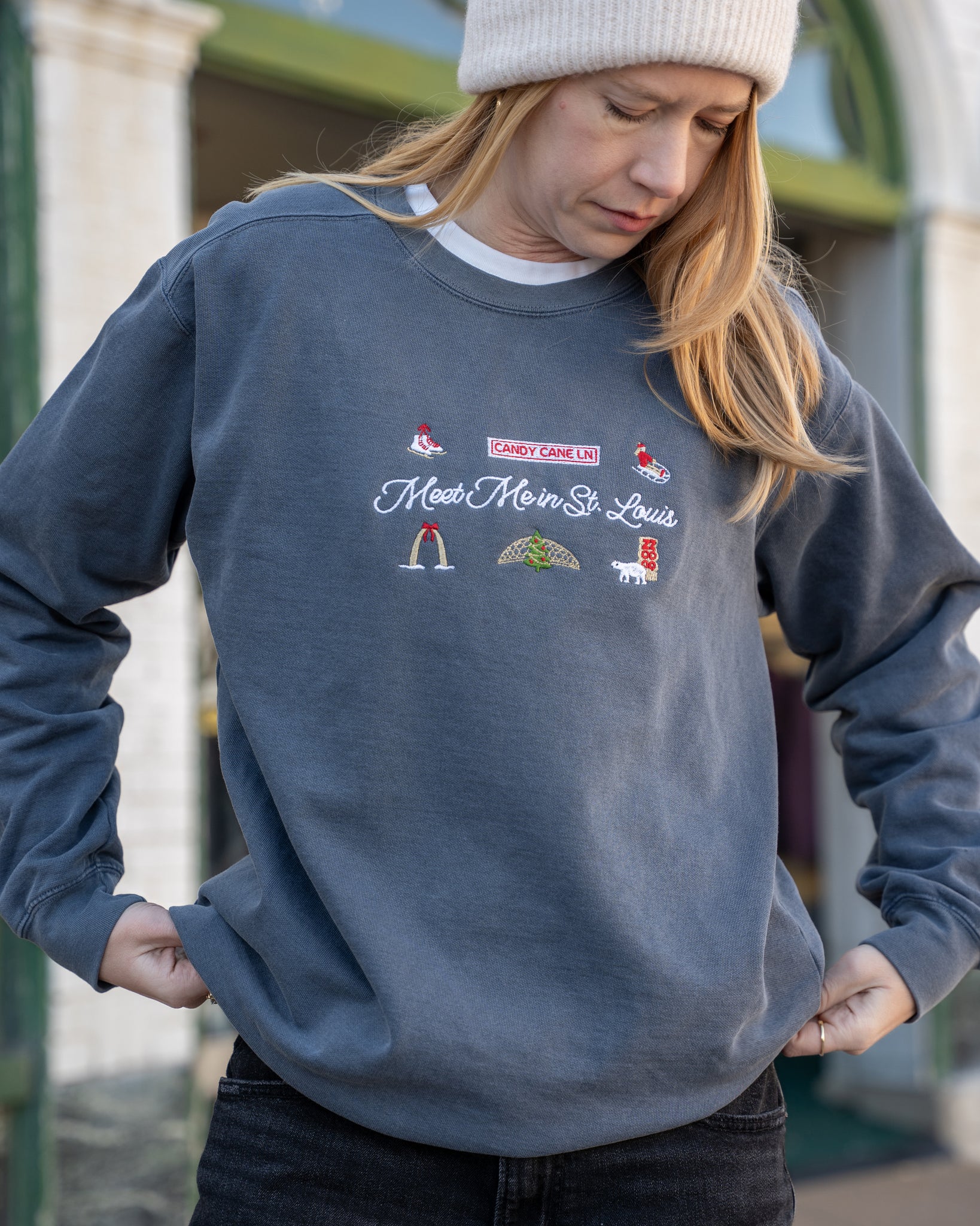 meet me in st louis denim embroidered comfort colors christmas sweatshirt