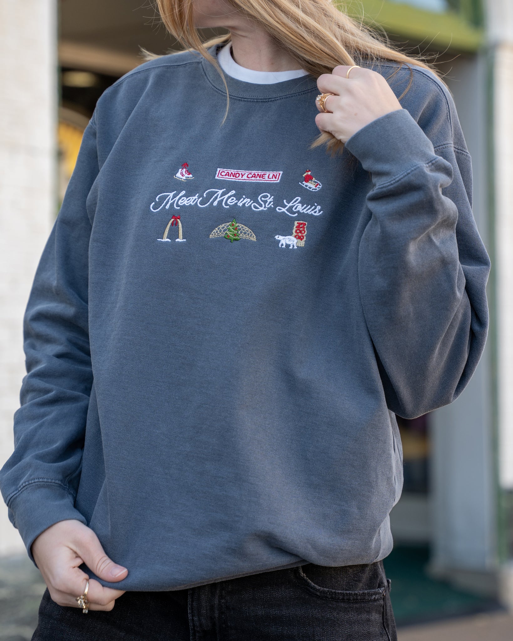 meet me in st louis denim embroidered comfort colors christmas sweatshirt