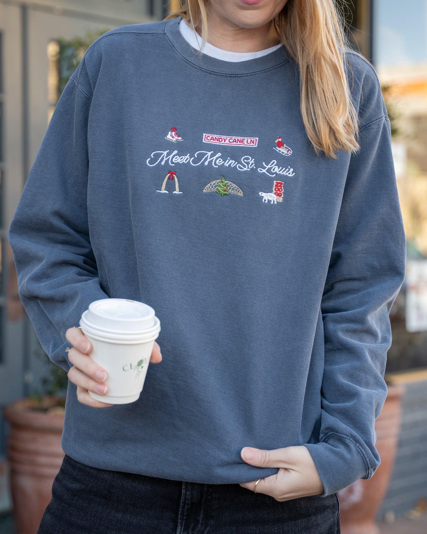 meet me in st louis denim embroidered comfort colors christmas sweatshirt