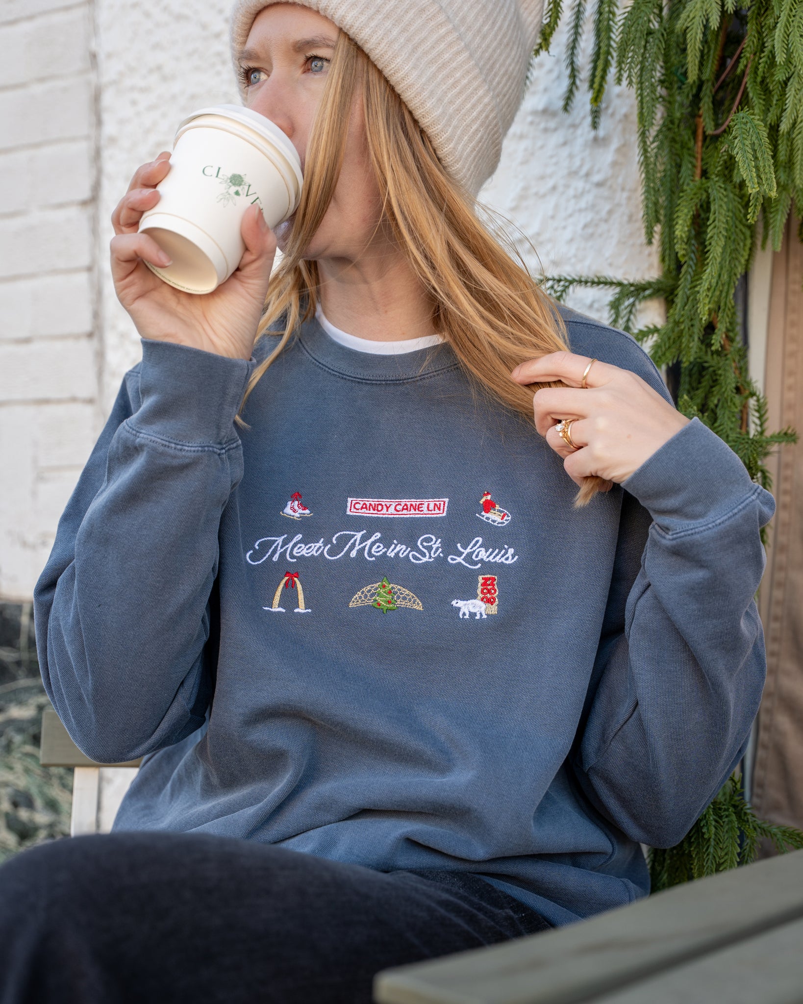 meet me in st louis denim embroidered comfort colors christmas sweatshirt
