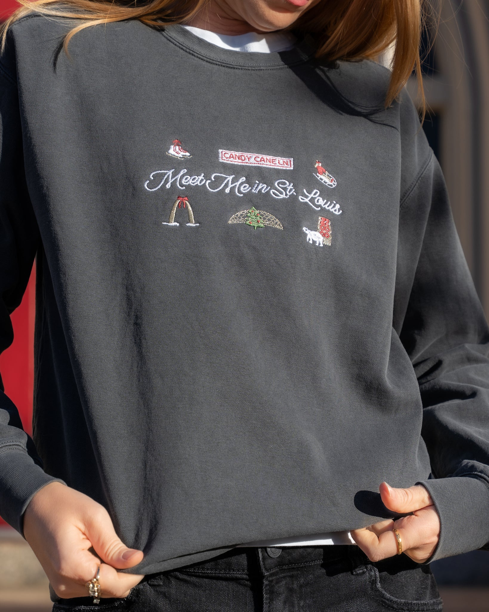 meet me in st louis pepper embroidered comfort colors christmas sweatshirt