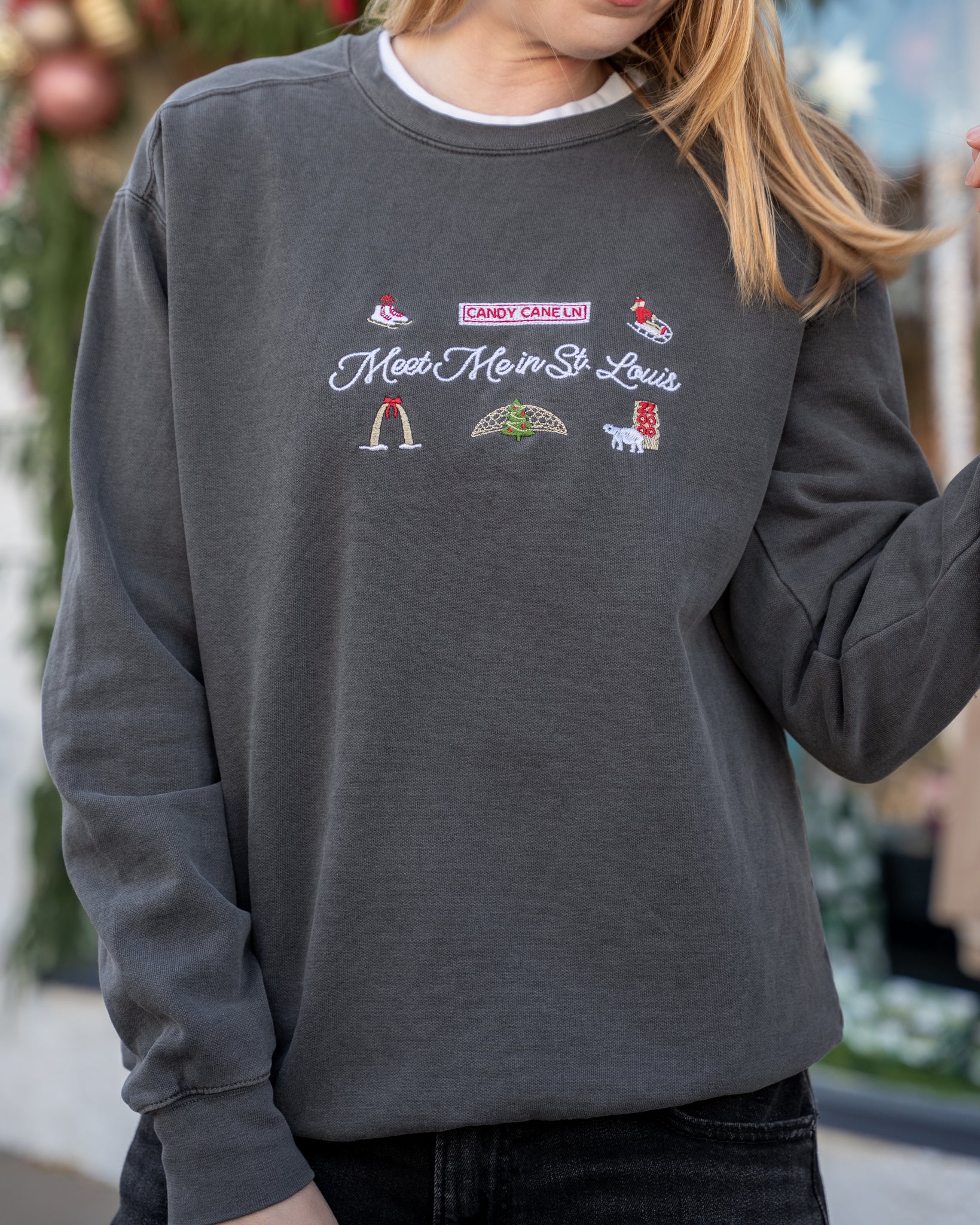 meet me in st louis pepper embroidered comfort colors christmas sweatshirt