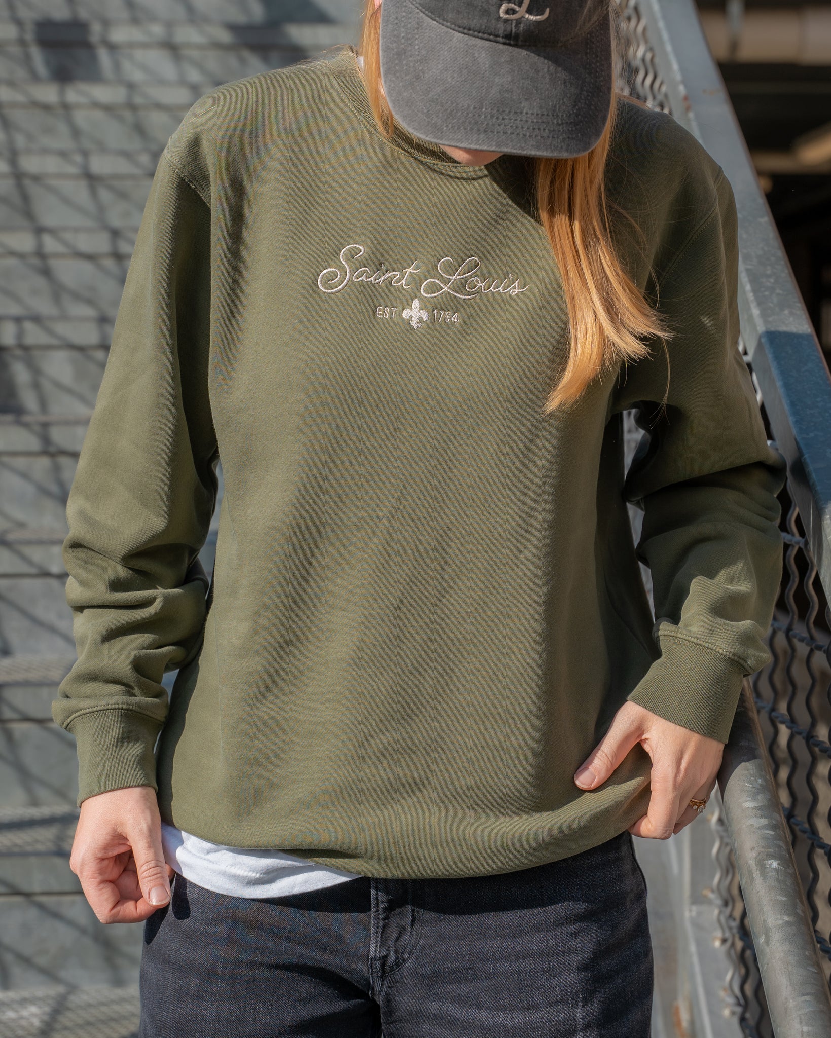 saint Louis embroidered vintage army green crewneck sweatshirt