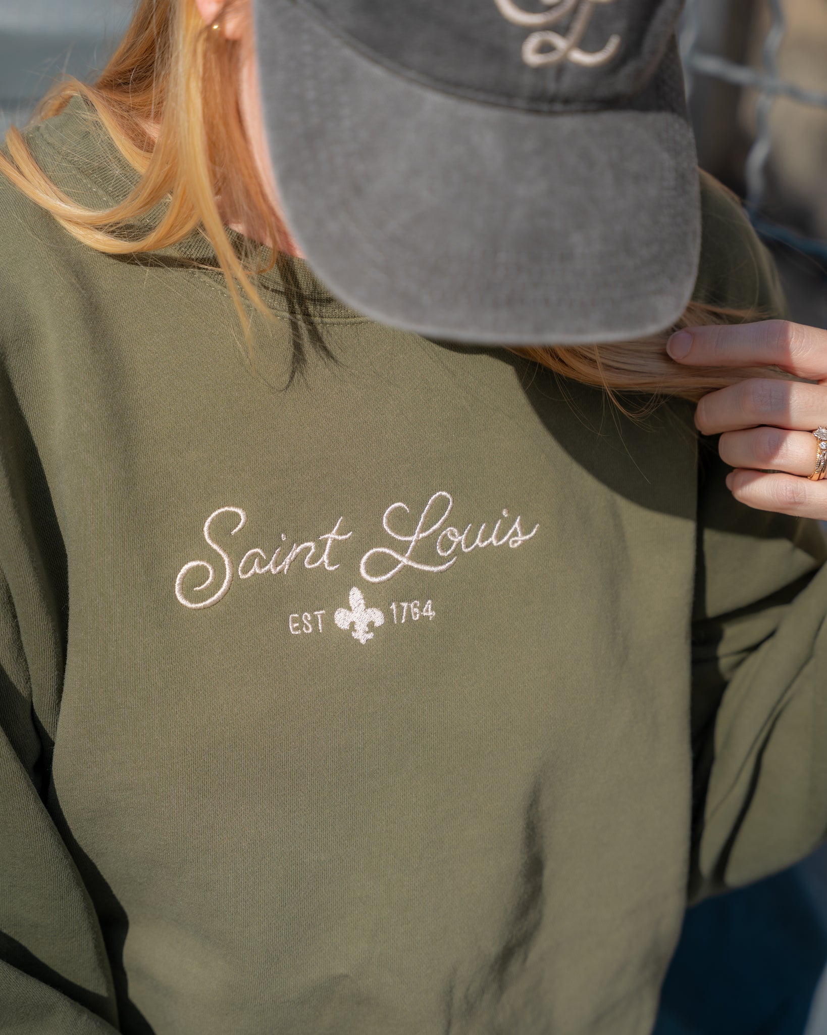 saint Louis embroidered vintage army green crewneck sweatshirt