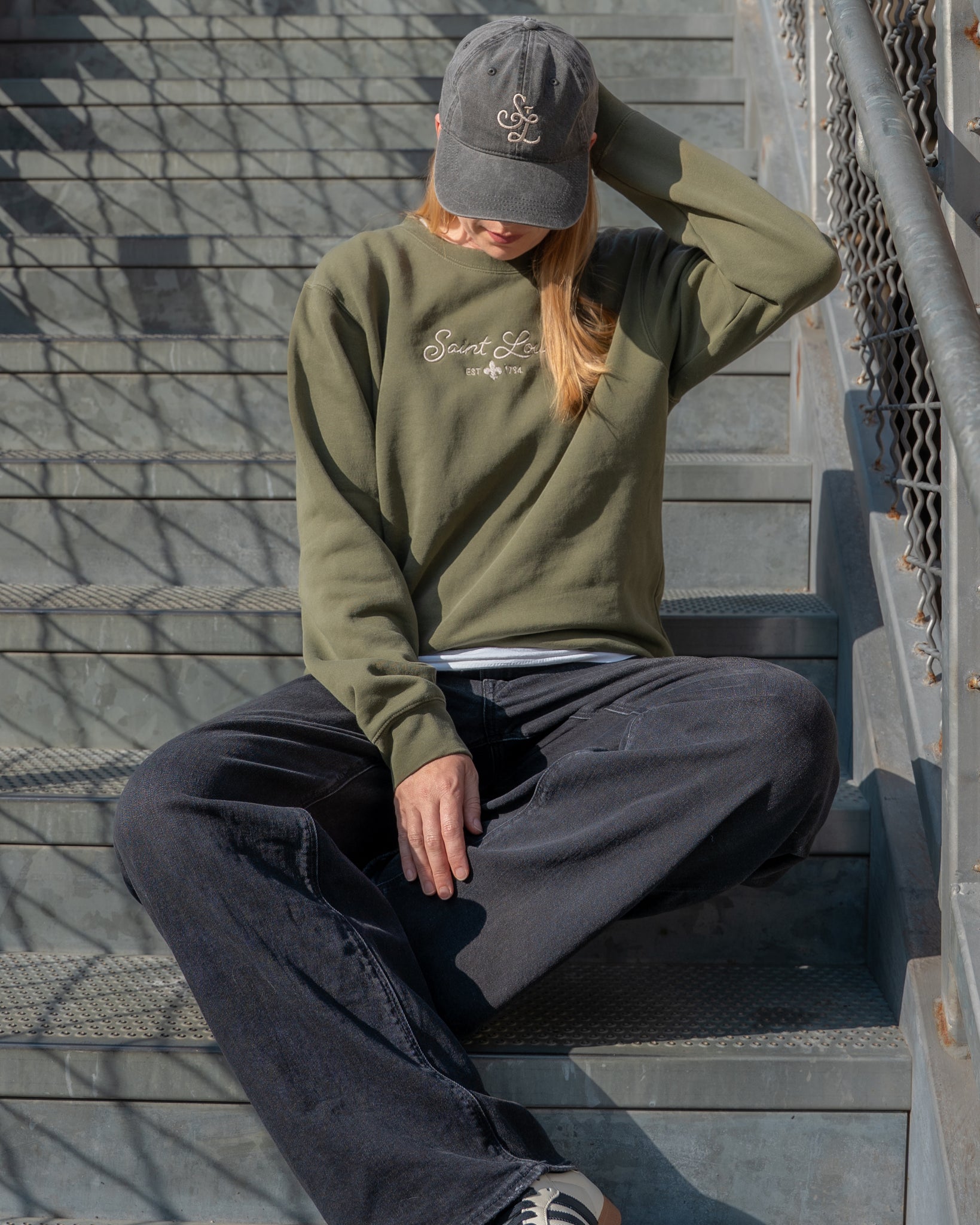 saint Louis embroidered vintage army green crewneck sweatshirt