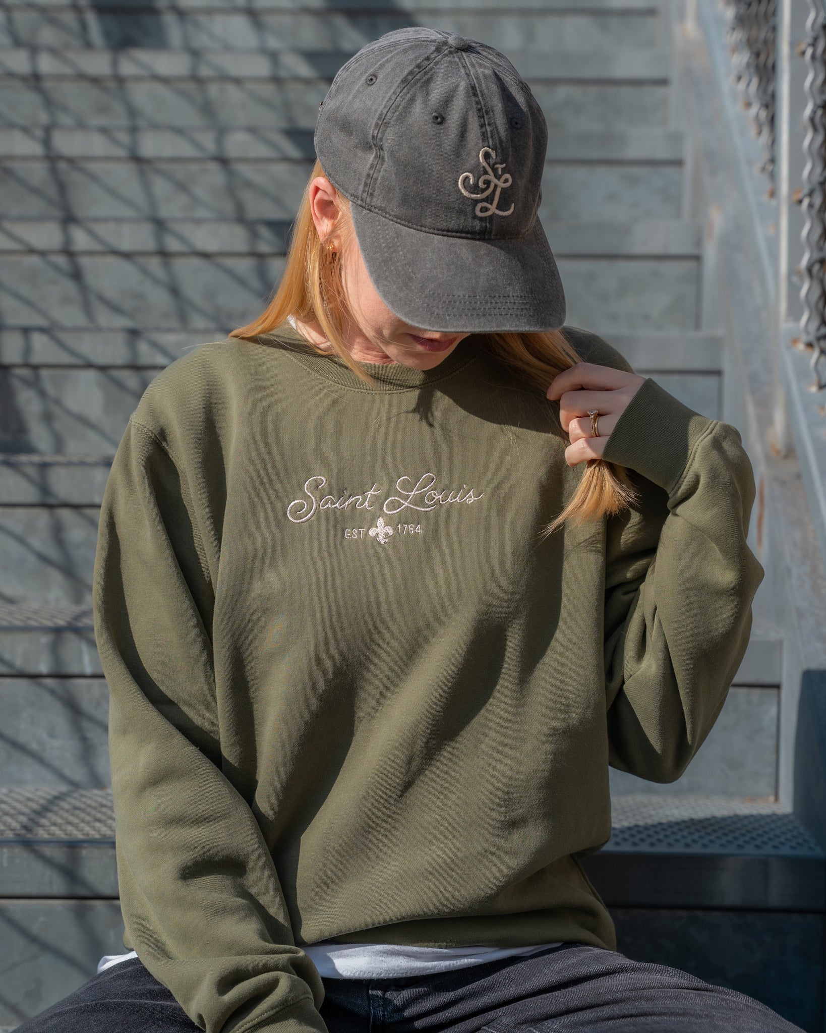 saint Louis embroidered vintage army green crewneck sweatshirt