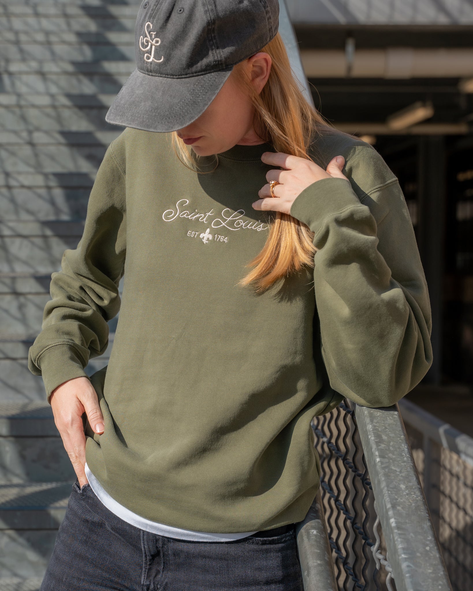 saint Louis embroidered vintage army green crewneck sweatshirt