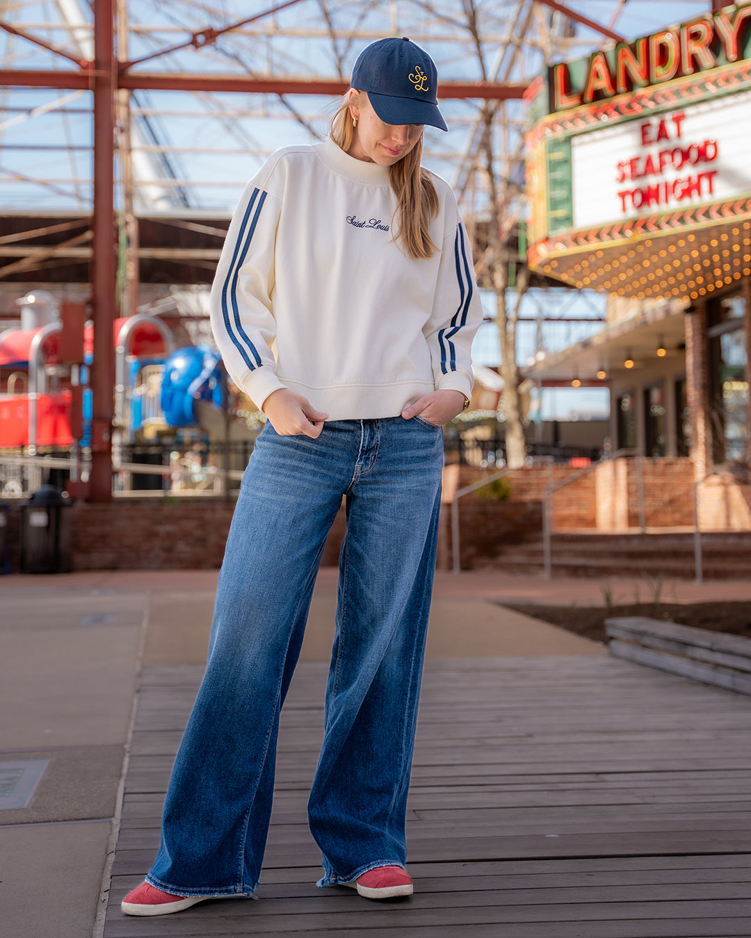 saint Louis navy embroidered mock neck sweatshirt