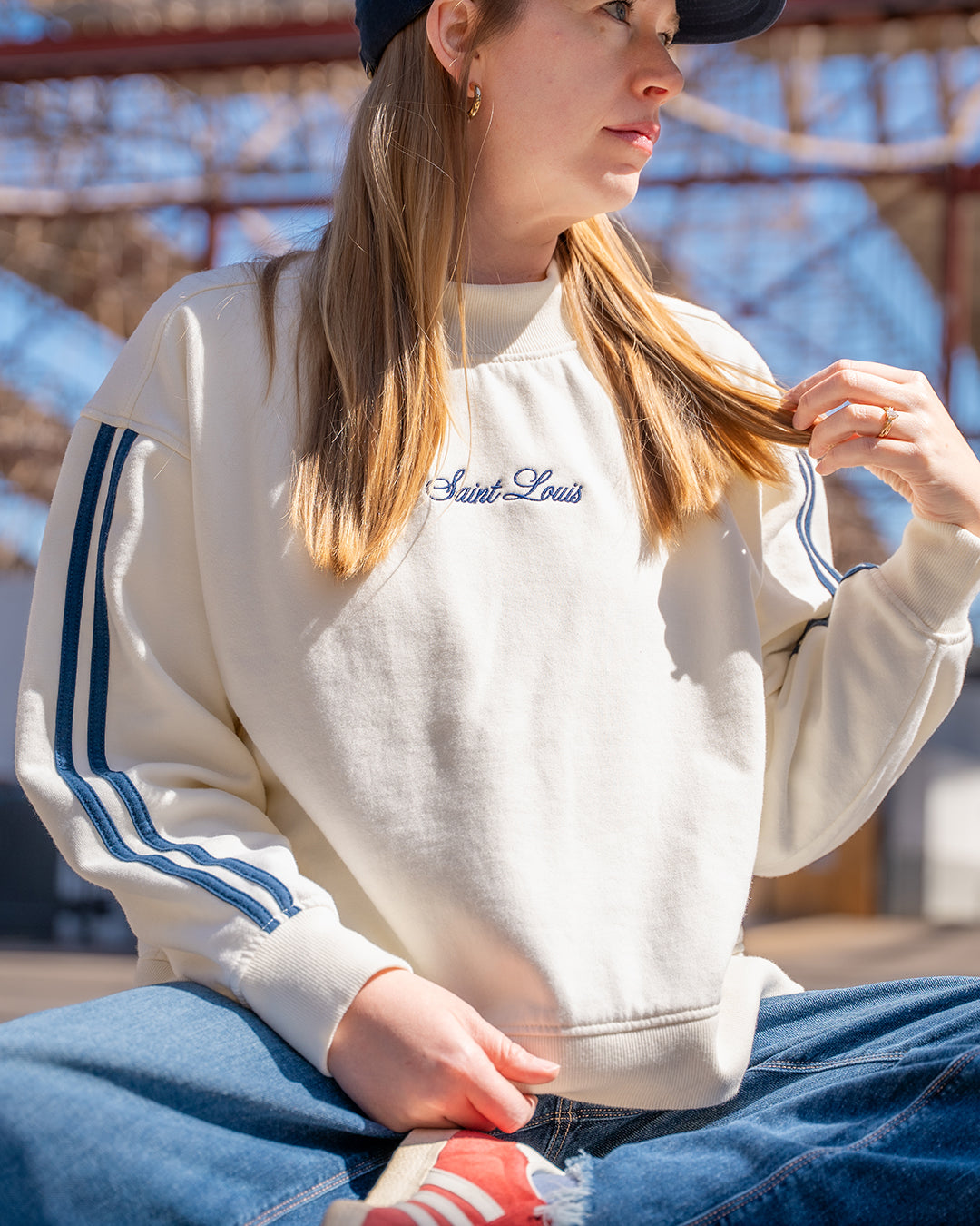 saint Louis navy embroidered mock neck sweatshirt