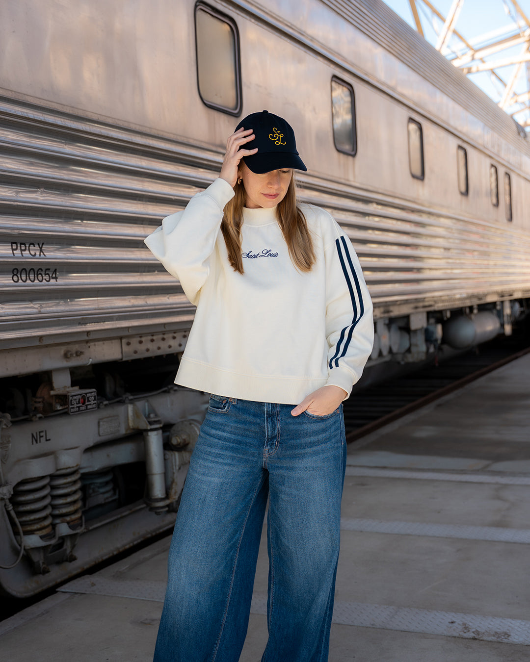 saint Louis navy embroidered mock neck sweatshirt
