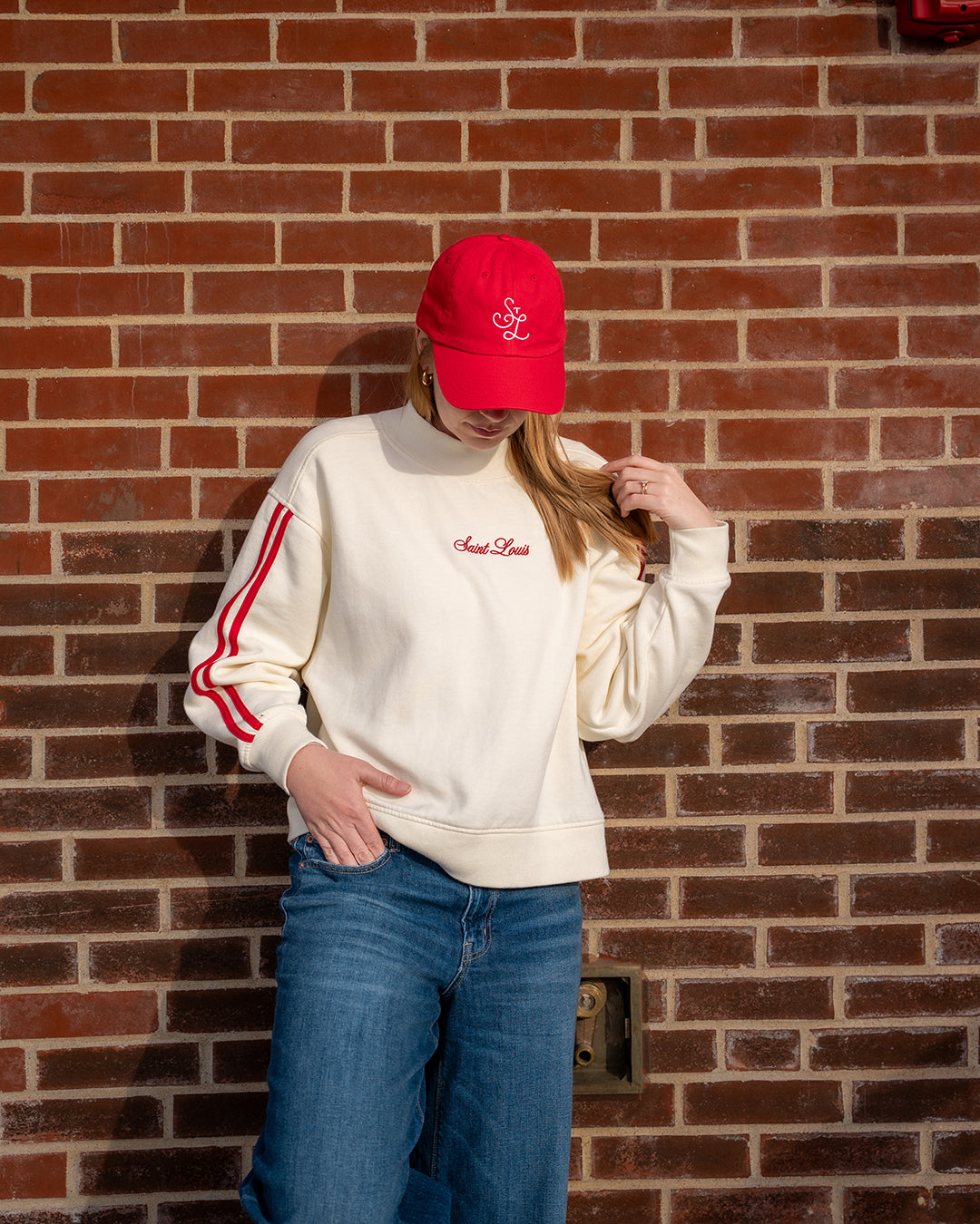 saint louis mock neck embroidered sweatshirt vintage stripe sleeve