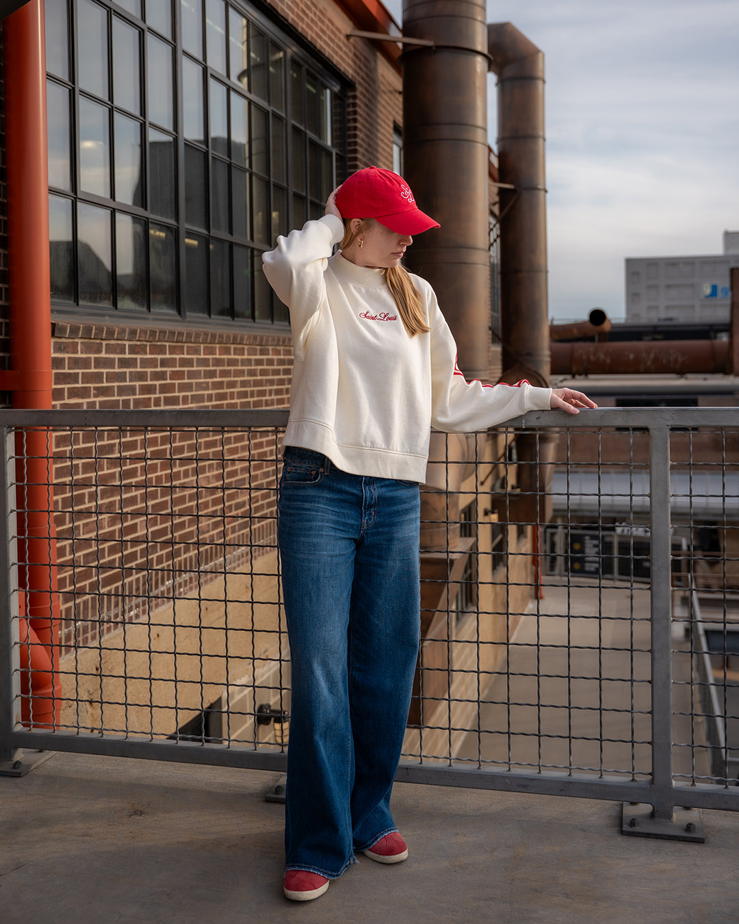 saint louis mock neck embroidered sweatshirt vintage stripe sleeve
