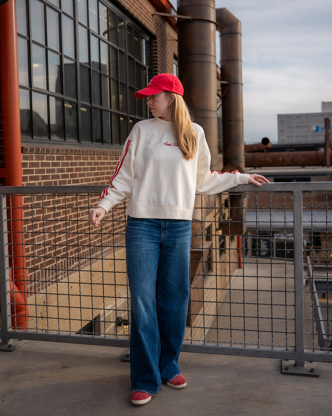 saint louis mock neck embroidered sweatshirt vintage stripe sleeve