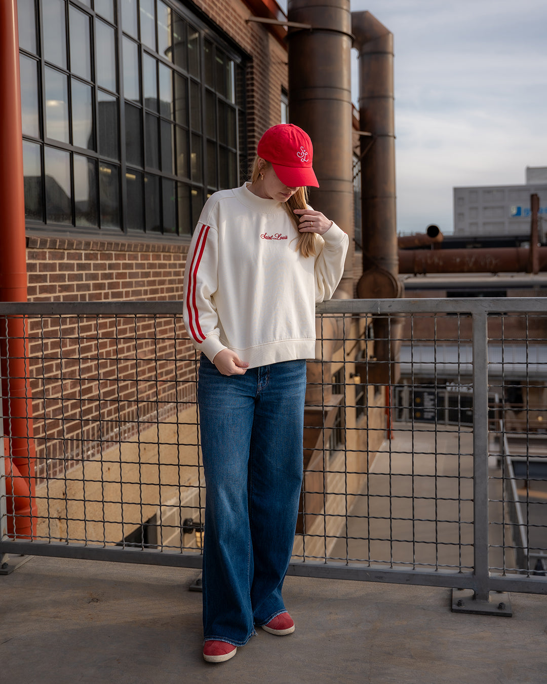 saint louis mock neck embroidered sweatshirt vintage stripe sleeve
