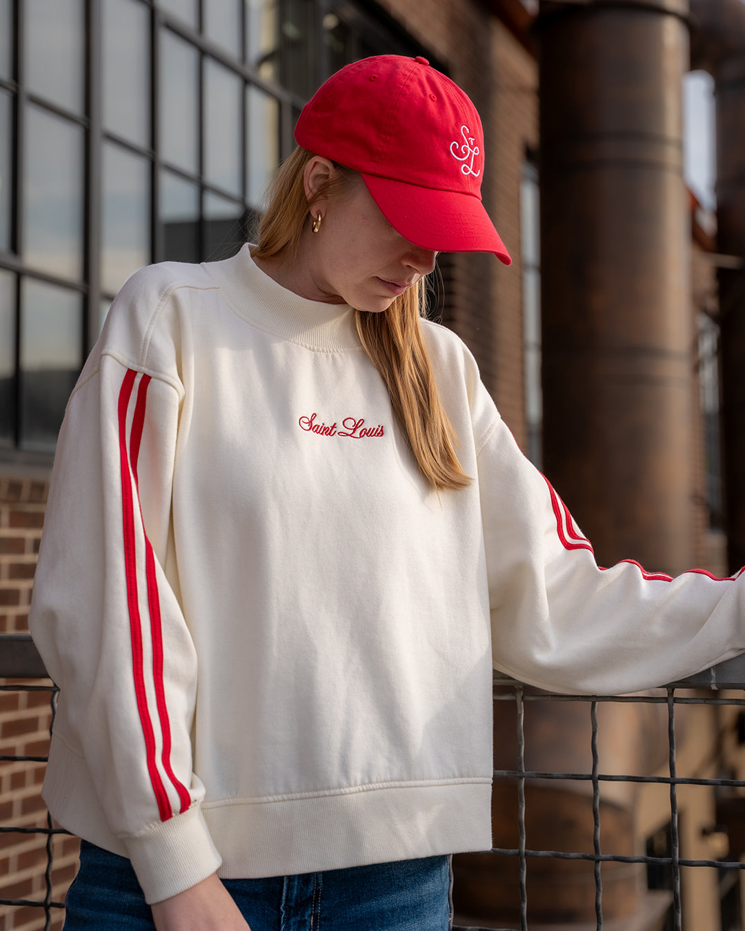 saint louis mock neck embroidered sweatshirt vintage stripe sleeve