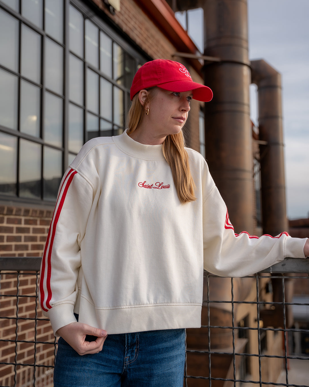 saint louis mock neck embroidered sweatshirt vintage stripe sleeve