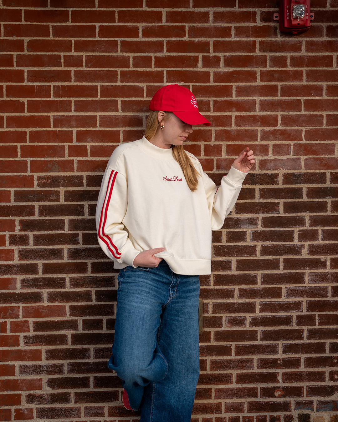 saint louis mock neck embroidered sweatshirt vintage stripe sleeve