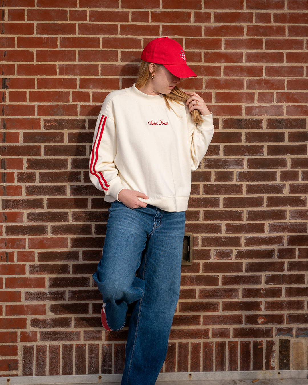 saint louis mock neck embroidered sweatshirt vintage stripe sleeve