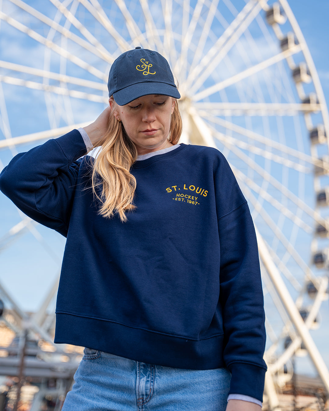 saint louis hockey embroidered women's crewneck sweatshirt navy blues