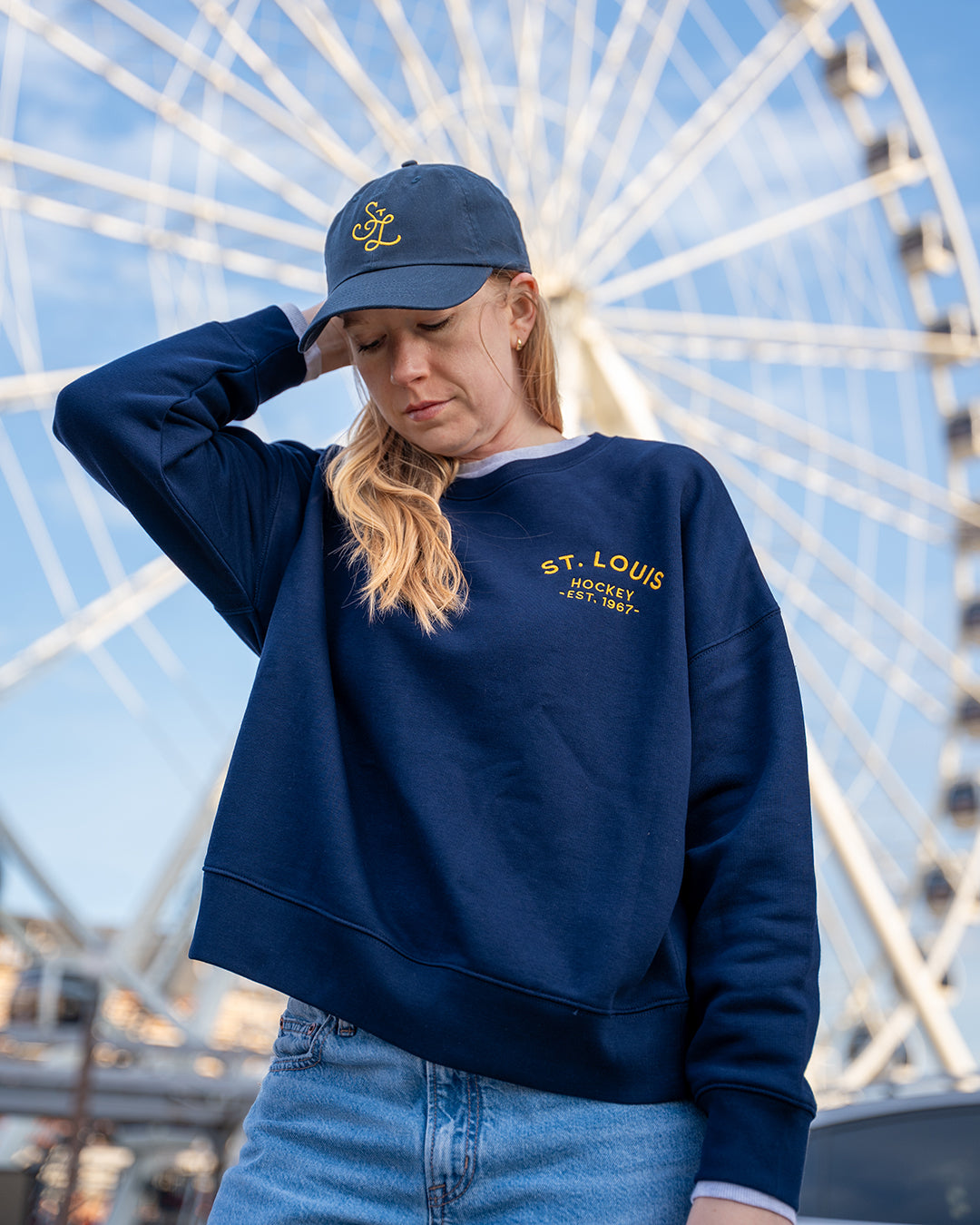 saint louis hockey embroidered women's crewneck sweatshirt navy blues