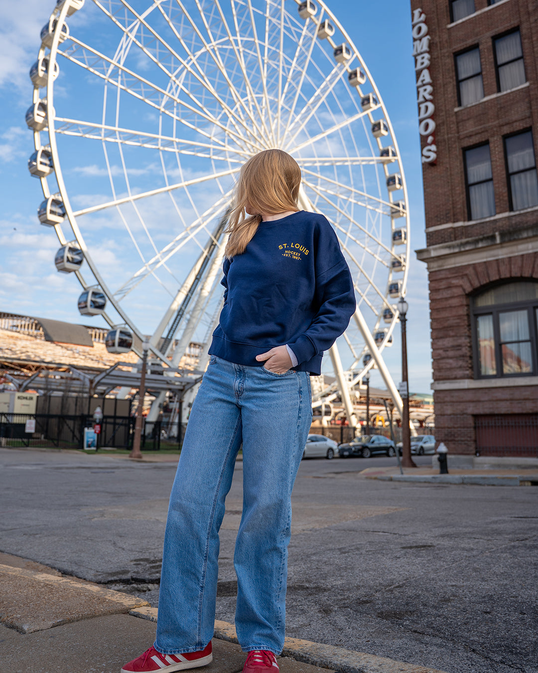 saint louis hockey embroidered women's crewneck sweatshirt navy blues