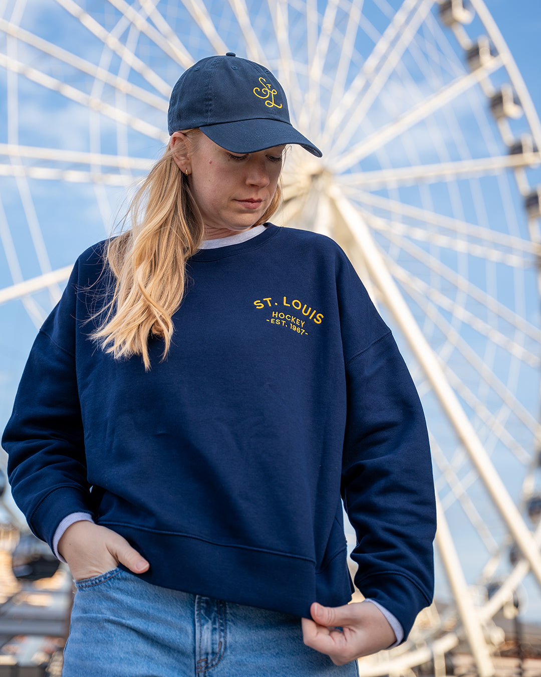 saint louis hockey embroidered women's crewneck sweatshirt navy blues