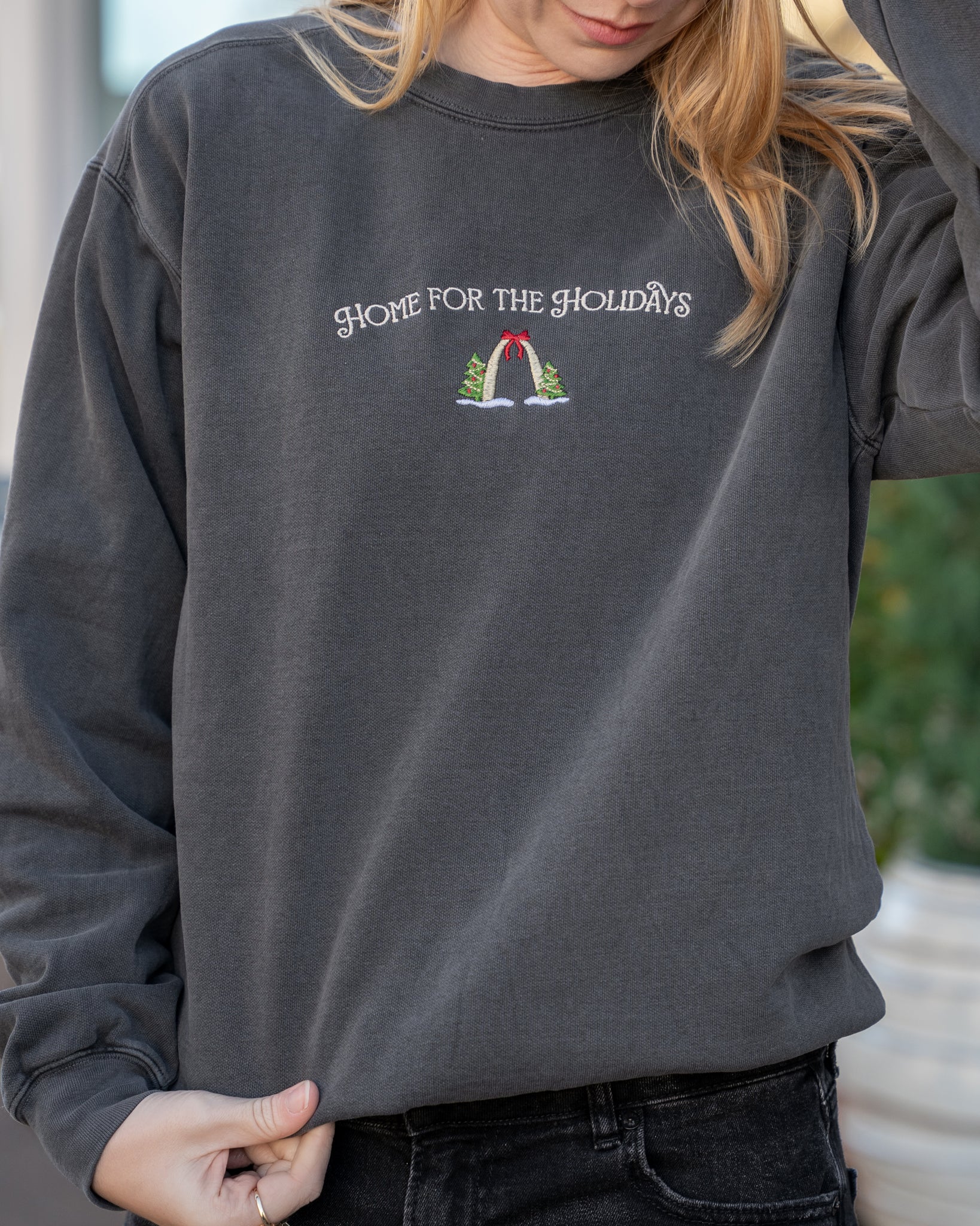 st louis arch home for the holidays embroidered comfort colors christmas sweatshirt