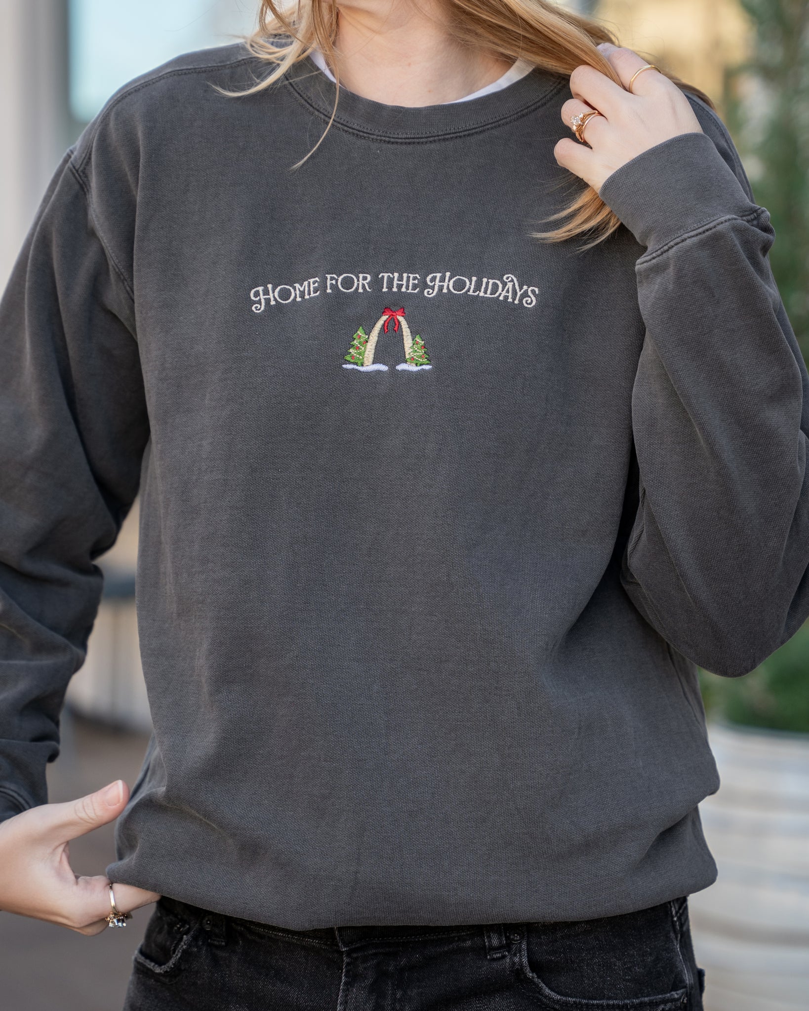 st louis arch home for the holidays embroidered comfort colors christmas sweatshirt