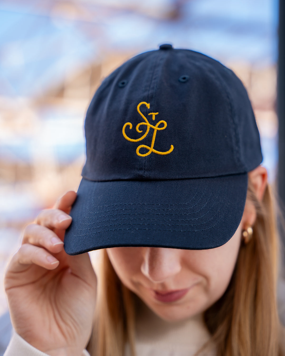 stl embroidered dad hat navy blues hockey gold