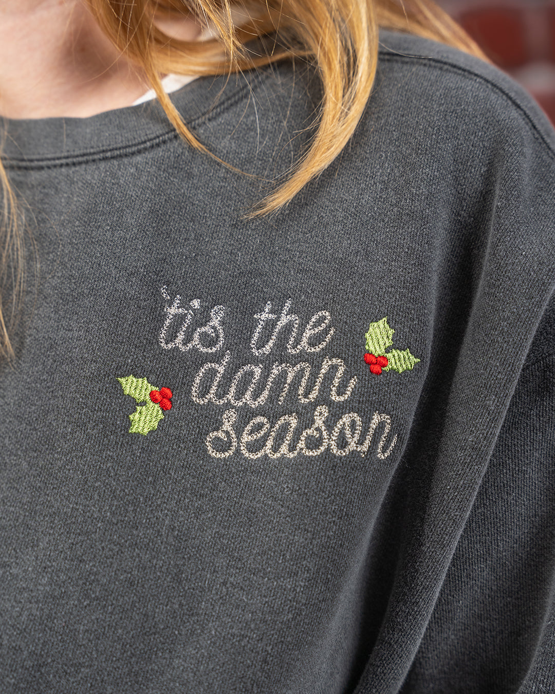 'tis the damn season chain stitch embroidered sweatshirt