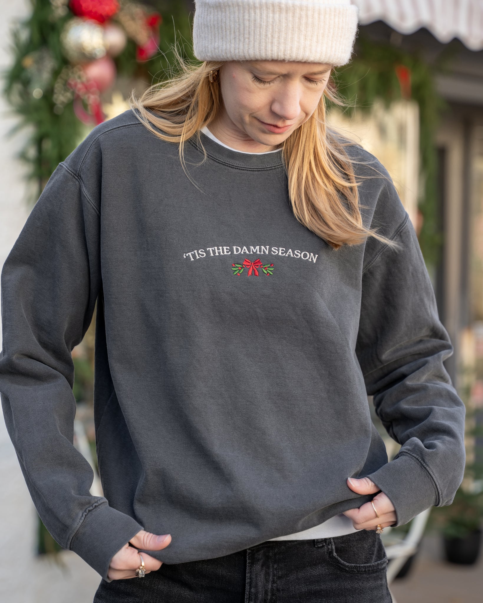 'tis the damn season embroidered comfort colors sweatshirt gray