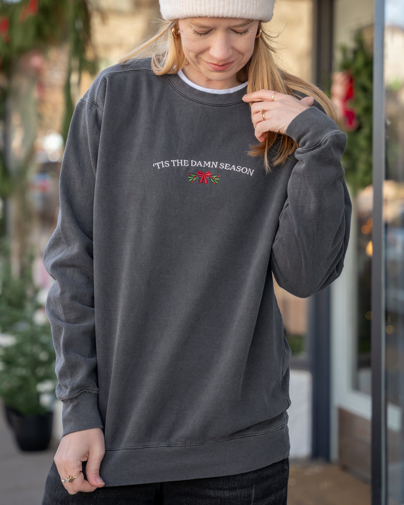 'tis the damn season embroidered comfort colors sweatshirt gray