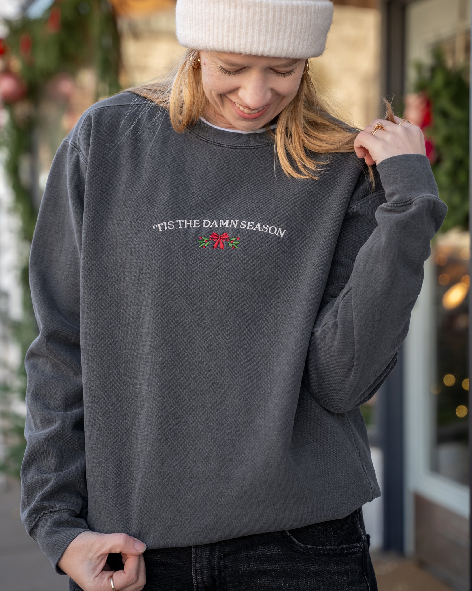 'tis the damn season embroidered comfort colors sweatshirt gray