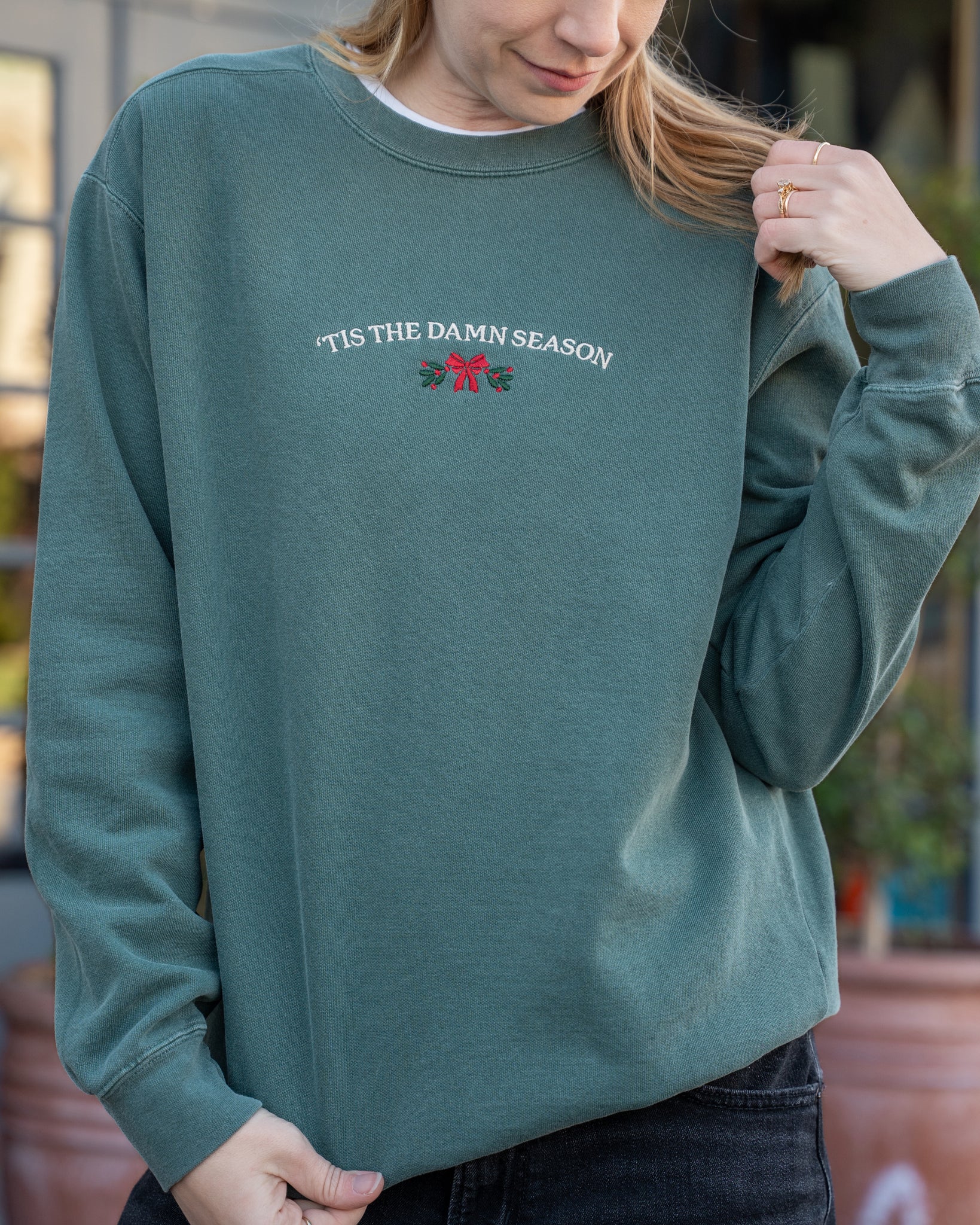 'tis the damn season embroidered comfort colors sweatshirt green