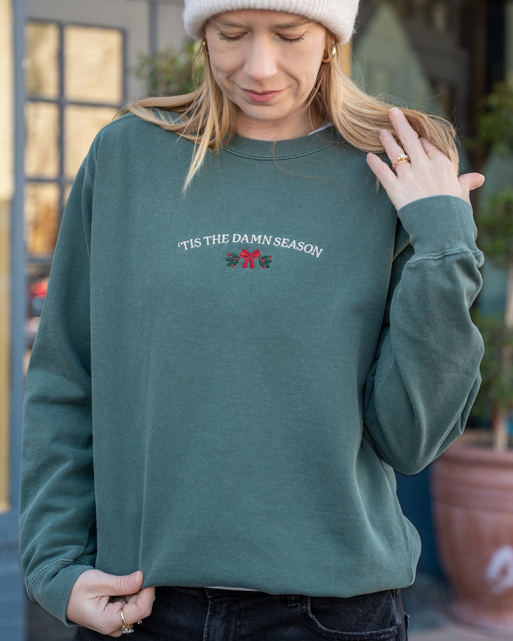 'tis the damn season embroidered comfort colors sweatshirt green