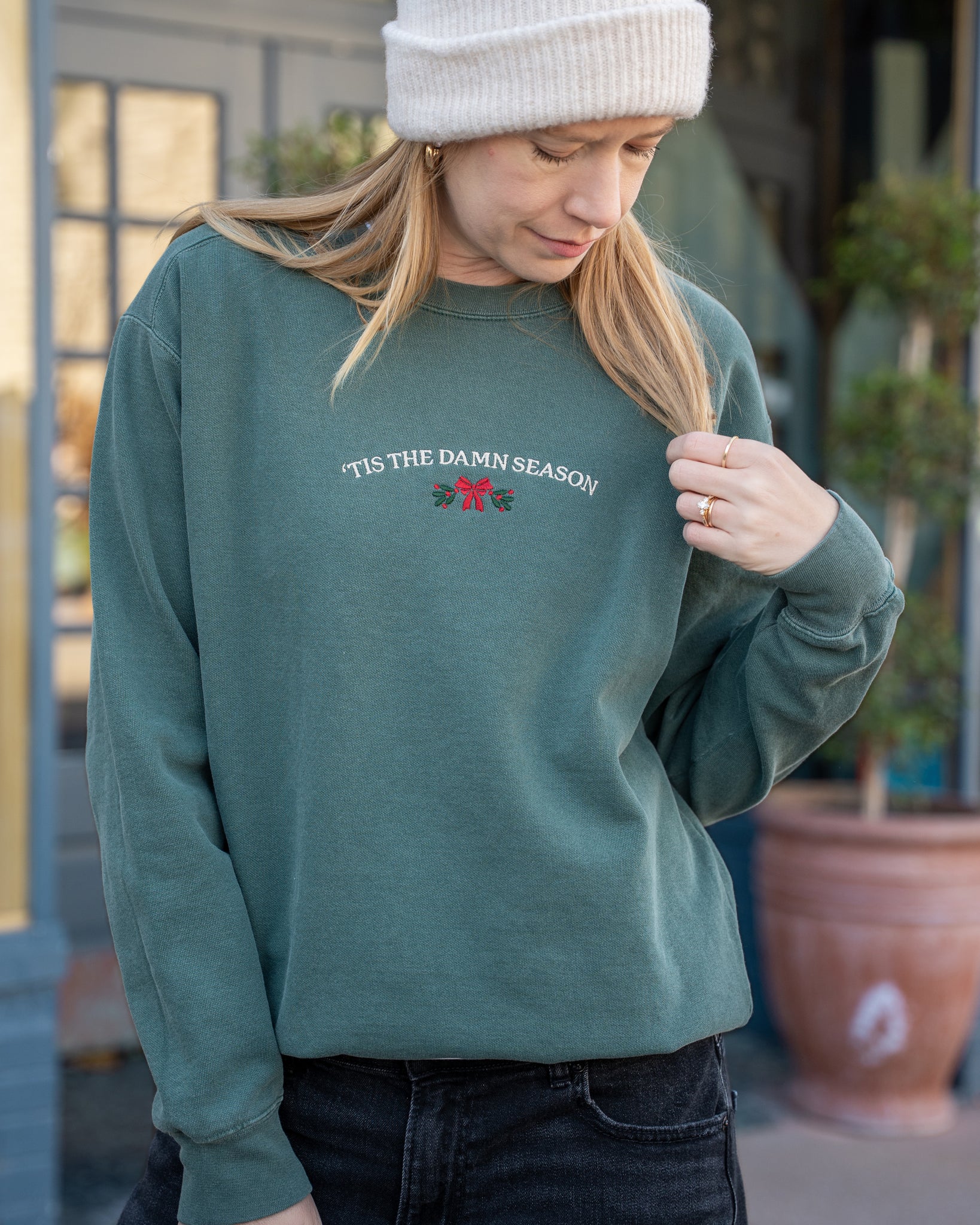 'tis the damn season embroidered comfort colors sweatshirt green