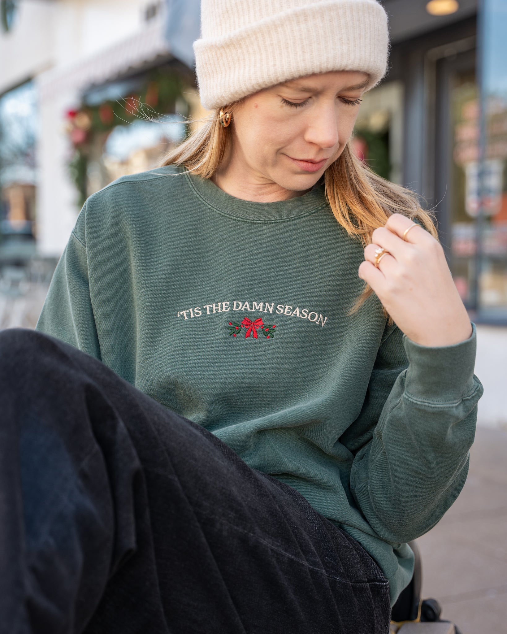 'tis the damn season embroidered comfort colors sweatshirt green