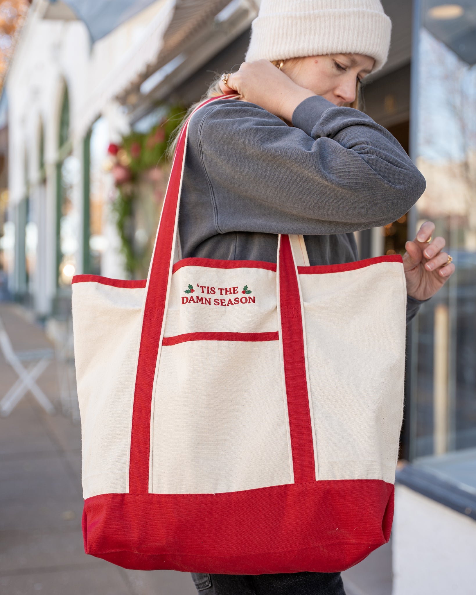 'tis the damn season embroidered large tote bag 