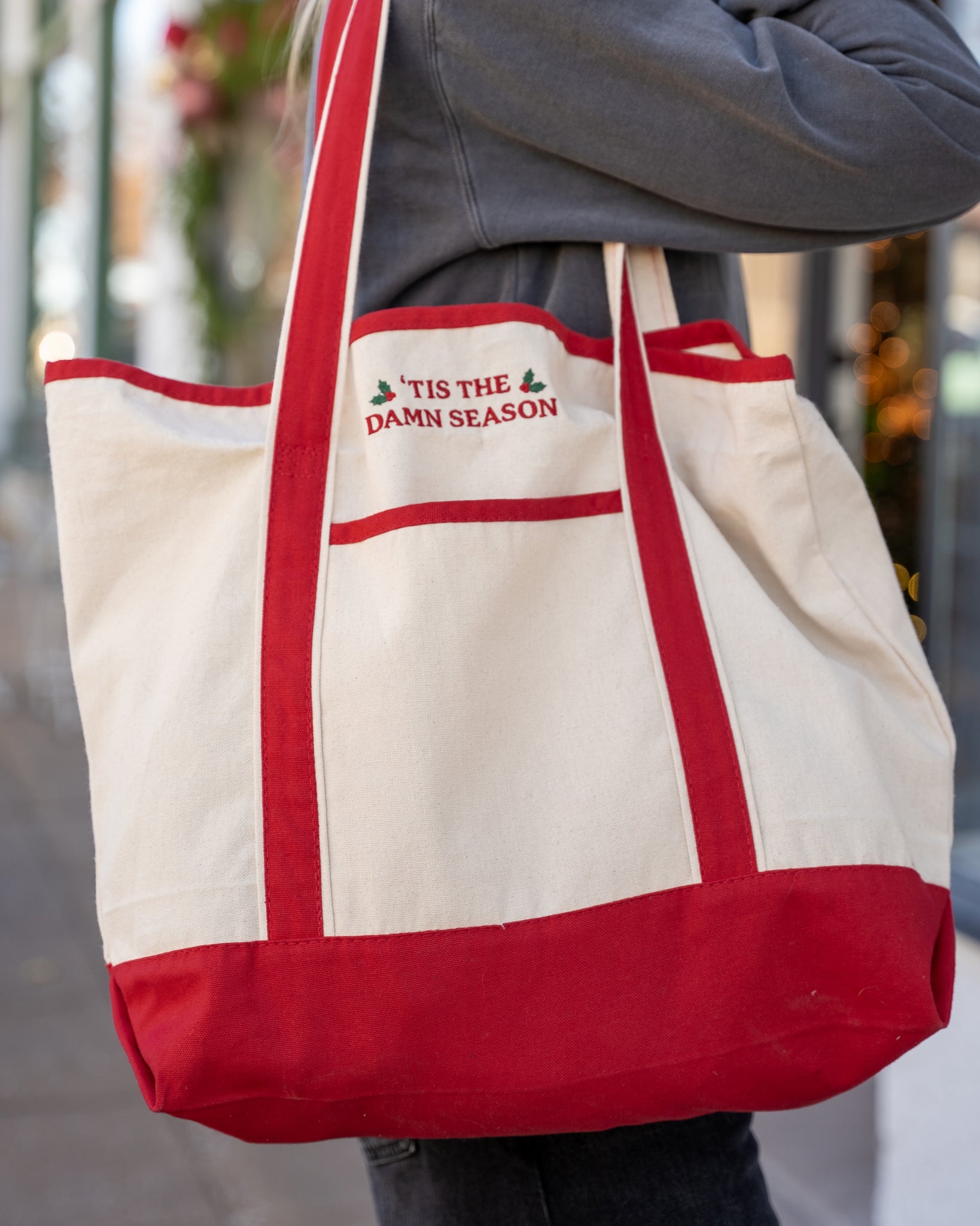 'tis the damn season embroidered large tote bag 