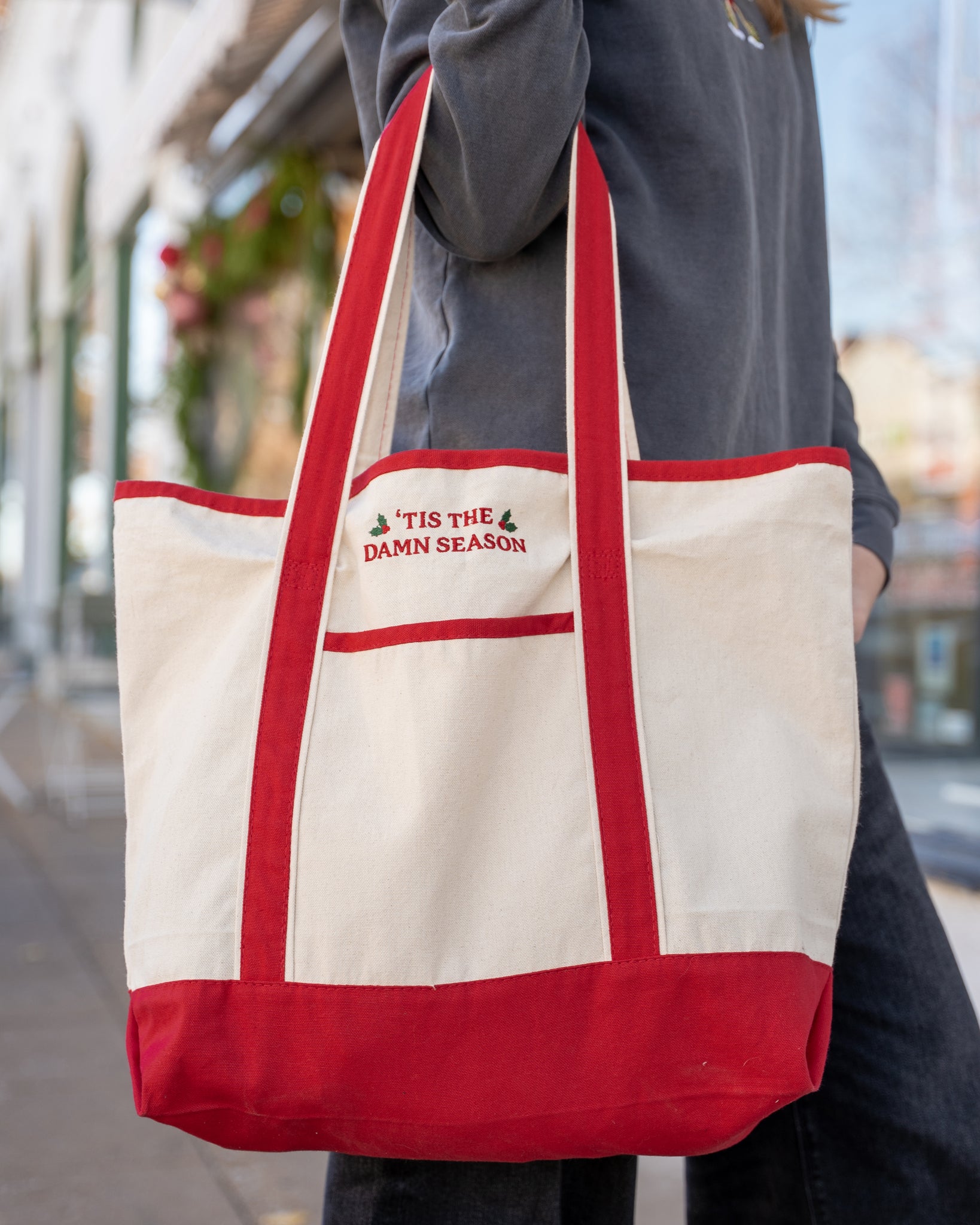 'tis the damn season embroidered large tote bag 