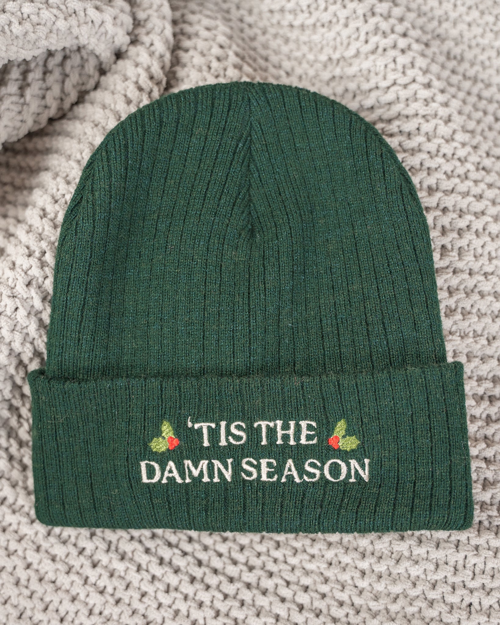 tis the damn season embroidered ribbed knit beanie