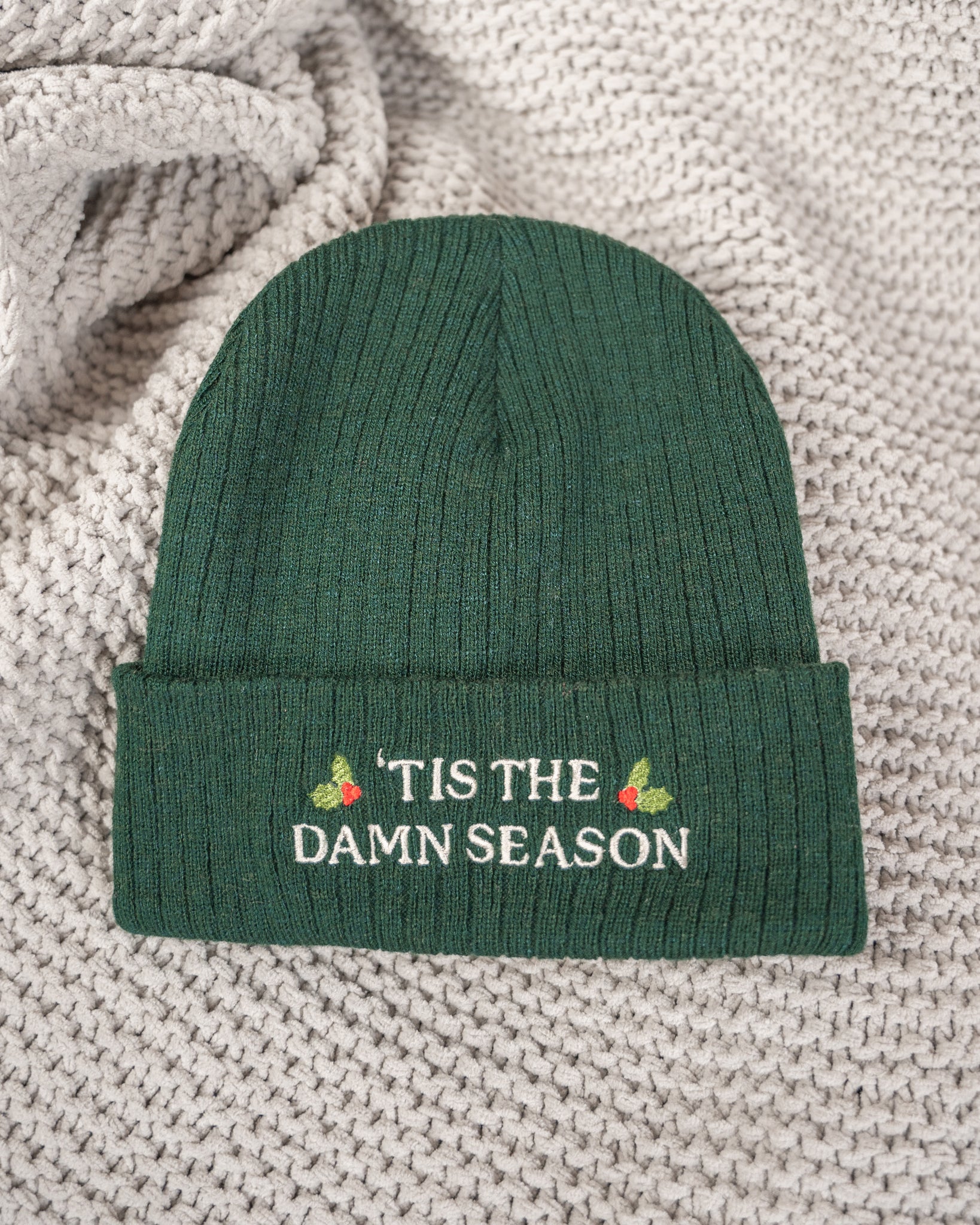 tis the damn season embroidered ribbed knit beanie