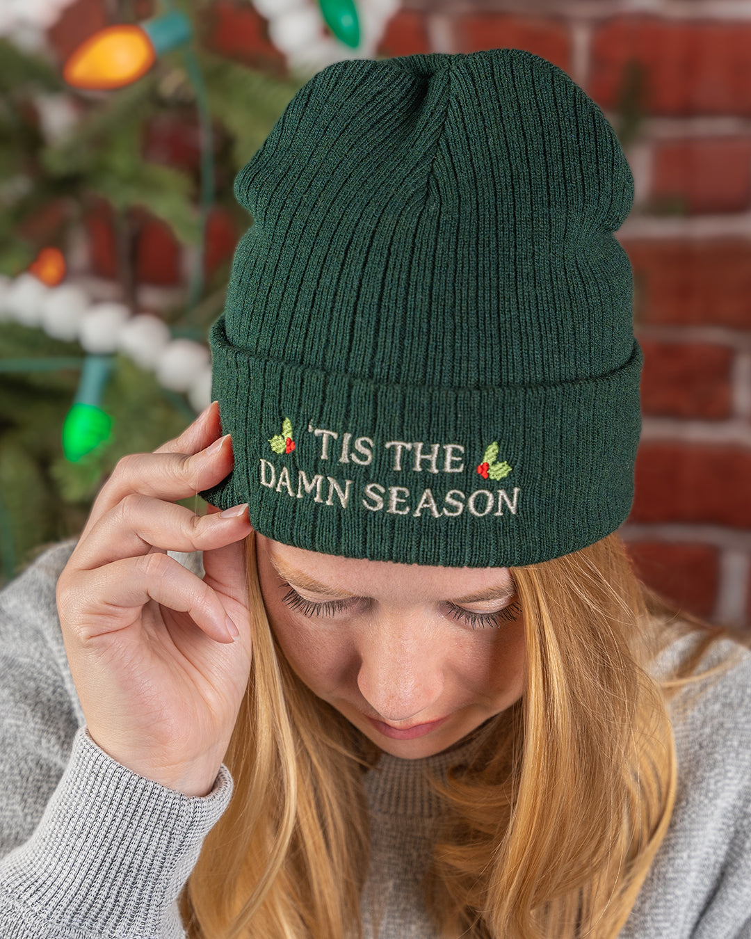 tis the damn season embroidered ribbed knit beanie