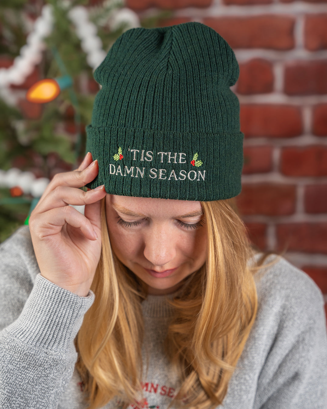 tis the damn season embroidered ribbed knit beanie